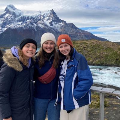 A group of student during study aboard taking picture at a Torres del Paine National Park, Chile.